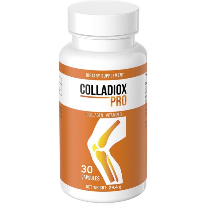 Colladiox Pro — biała butelka z pomarańczową etykietą: Dietary supplement, Collagen · Vitamin D, 30 capsules