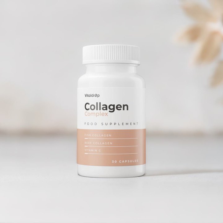 Collagen Complex Vitaldrop — biała butelka z beżowym paskiem, napisy Food Supplement, Fish Collagen, Beef Collagen, Vitamin C, 30 capsules