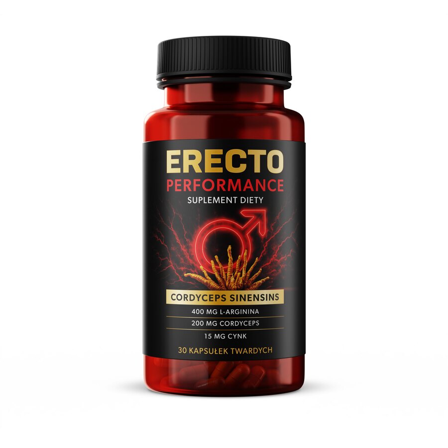 Erecto Performance — ciemnoczerwony słoik, czarna etykieta z napisami 400 mg L-arginina, 200 mg cordyceps, 15 mg cynk, 30 kapsułek twardych