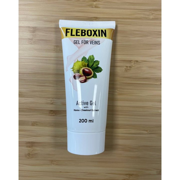 Fleboxin — biała tuba 200 ml ze złotym paskiem, napisami GEL FOR VEINS i Active Gel with Horse-Chestnut Extract, grafiką kasztana