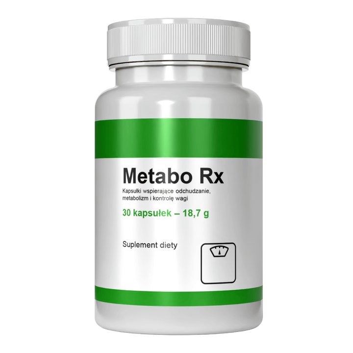 Metabo Rx — biała butelka z zielonym pasem i napisem „Kapsułki wspierające odchudzanie, metabolizm i kontrolę wagi · 30 kapsułek – 18,7 g · Suplement diety”