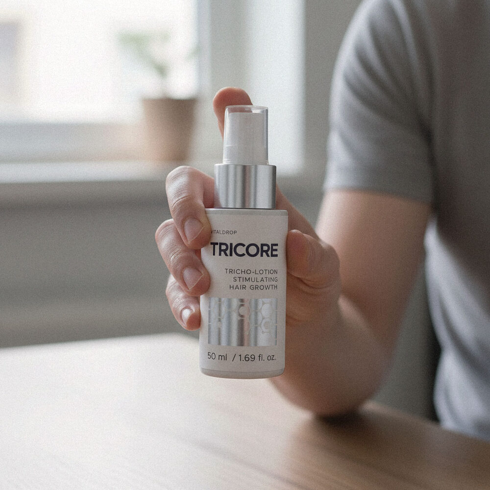 Tricore — biała butelka z pompką-atomizerem, etykieta VITALDROP TRICORE TRICHO-LOTION, 50 ml