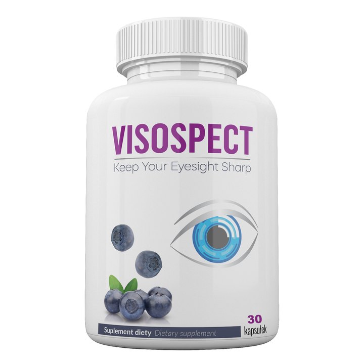 Visospect — biała butelka z fioletowym napisem VISOSPECT, hasłem Keep Your Eyesight Sharp, grafiką oka i jagód, 30 kapsułek